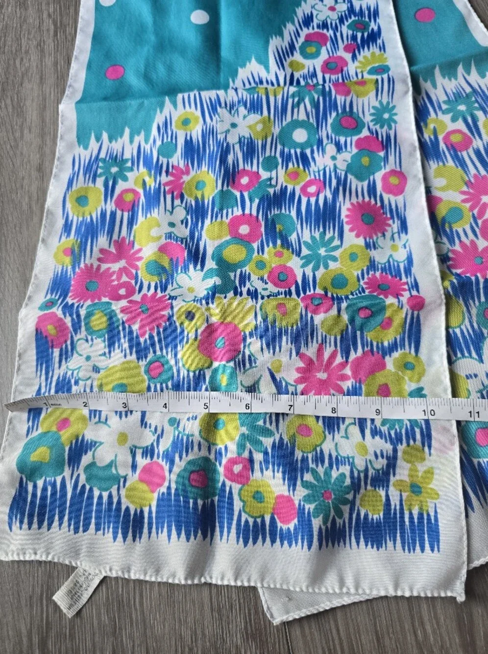 Vintage Mod Floral Scarf Long Oblong Blue Pink Polka Dot Flower Power Italy
